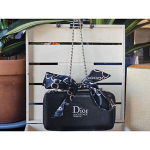 Chirstian Dior Black Hard Clutch w/Chain Strap & Twilly Added
